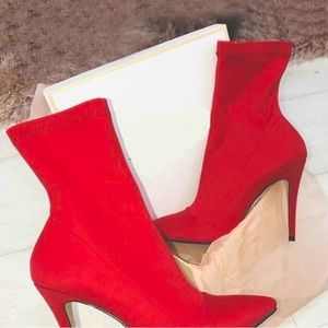Faux Suede Stretch Pointed Toe Sock Booties Mid-Calf Ankle Boot Stiletto Heel